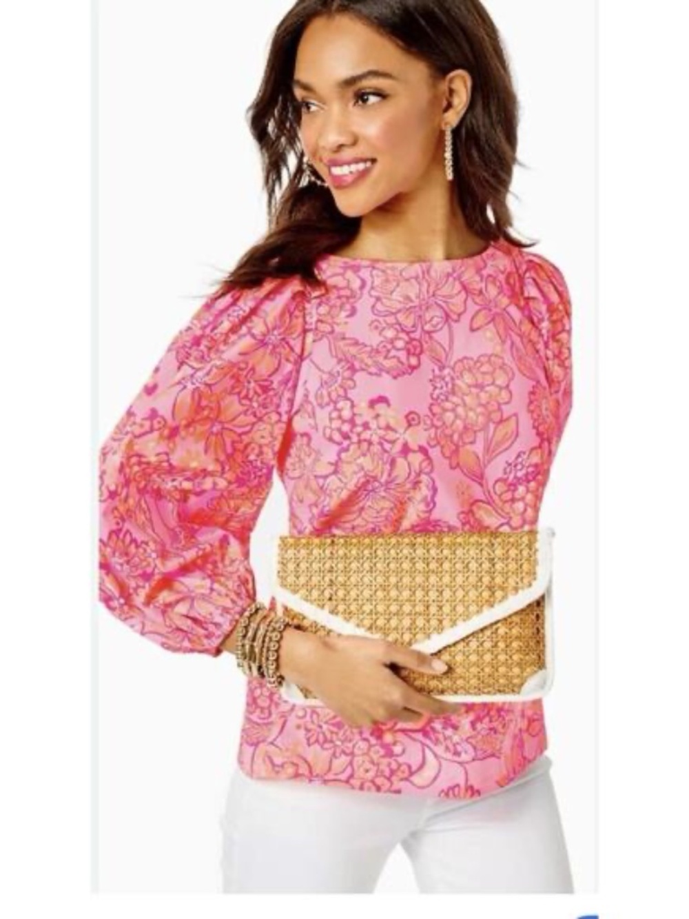 NWT Lilly Pulitzer Pink and Orange Floral Barbara Puff 3/4 Sleeve Blouse size L - Picture 2 of 7